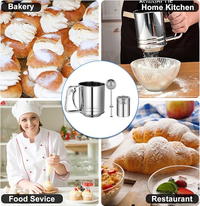 Flour Sifter Stainless Steel,5 Cup Flour Sifter for Baking,3 in1 Sifter for Baking with Powdered Sugar Shaker Duster, Flour Shaker Duster for Baking Cakes, Pastries, Pies, Cupcakes and Desserts