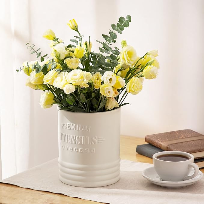 LOVECASA Vintage Utensil Holder for Kitchen Countertop, 7.2” Large Ceramic Utensil Crock for Home Décor, Farmhouse Utensil Vase for Housewarming, Wedding, Birthday Gift - Cream White