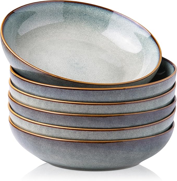 AmorArc 8.5'' Large Pasta Bowls, 36oz Ceramic Pasta Serving Bowls Set of 6 for Kitchen, Wide Bowls for Pasta,Salad,Oatmeal, Microwave Safe, Ocean Blue