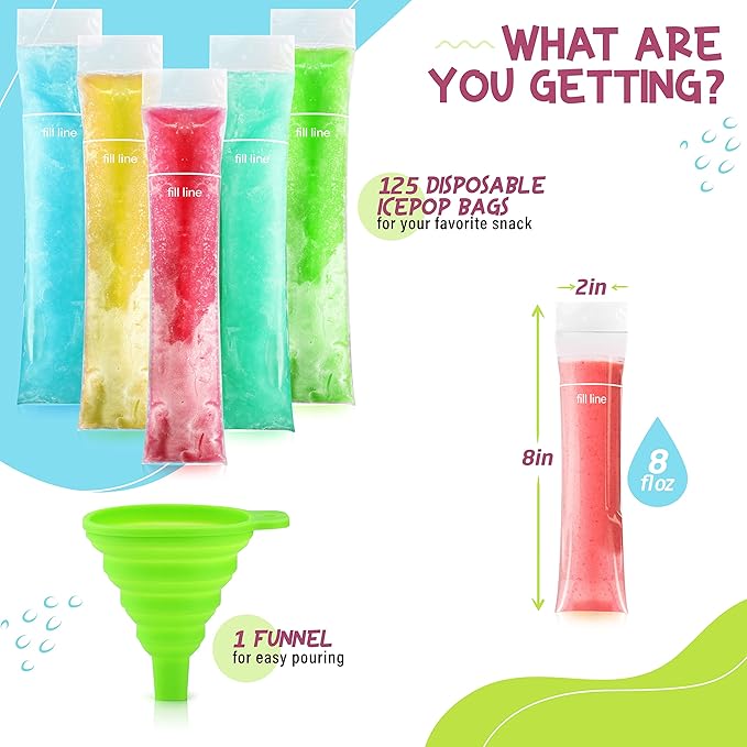 125 Disposable Ice Popsicle Mold Bags| BPA Free Freezer Tubes With Zip Seals | For Healthy Snacks, Yogurt Sticks, Juice & Fruit Smoothies, Ice Candy Pops| Comes With A Funnel (8x2")