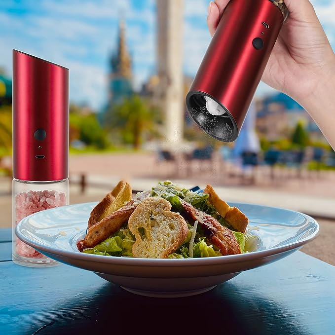 Vzaahu Gravity Electric Pepper and Salt Grinder Set of 2 - Rechargeable, Refillable, Adjustable Coarseness, Stainless Steel Seasalt Peppermill with LED light - One Hand Operation (Red)