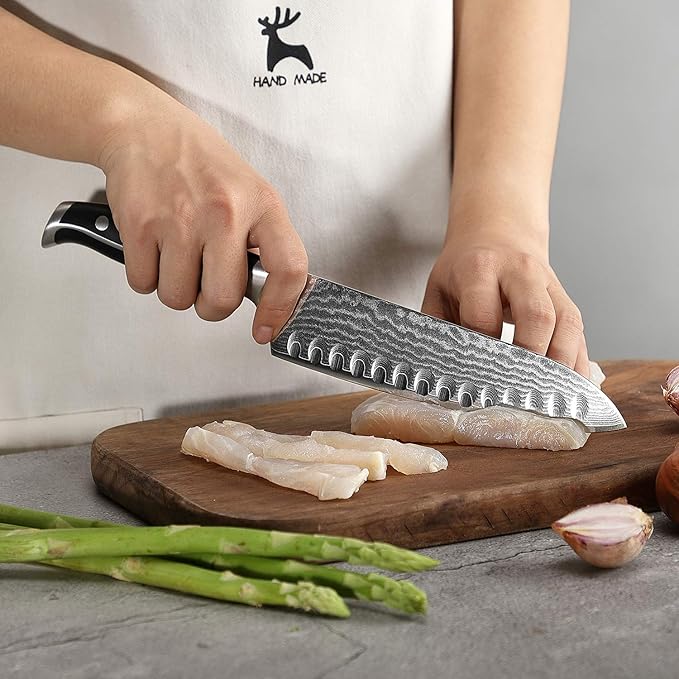 Damascus Kitchen Knife, 7 Inch Santoku Knife Professional Kitchen Knife Forged with VG10 Super Steel 67-Layer Damascus, Non-slip ABS Ergonomic Triple Rivet Handle, Razor Sharp Lightweight Multipurpose