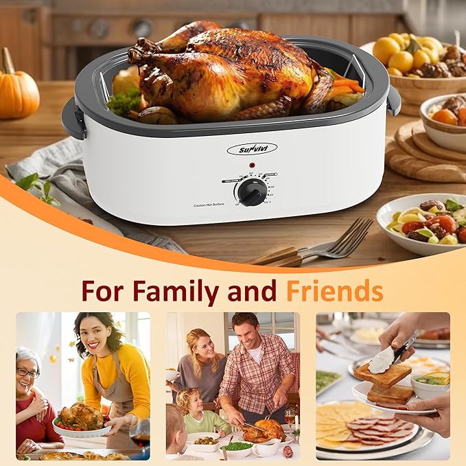 Sunvivi 18-Quart Roaster Oven with Self-Basting Lid, Electric Turkey Roaster Oven with Removable Pan and Rack, Stainless Steel, White