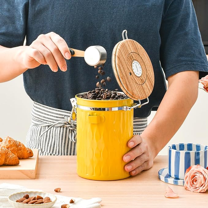 TEDSWAIT Coffee Container with Sealed Cantilever Lid and Scoop, Airtight Stainless Steel Kitchen Food Storage Canister with Date Tracker, 1.8L(Yellow)