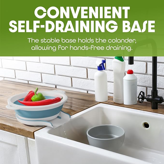 Collapsible Colanders (2 Pack Set) Food Strainers with Over-Sink Water Draining Base for Pasta Fruits and Vegetables (4 and 5 Quart) - White Blue