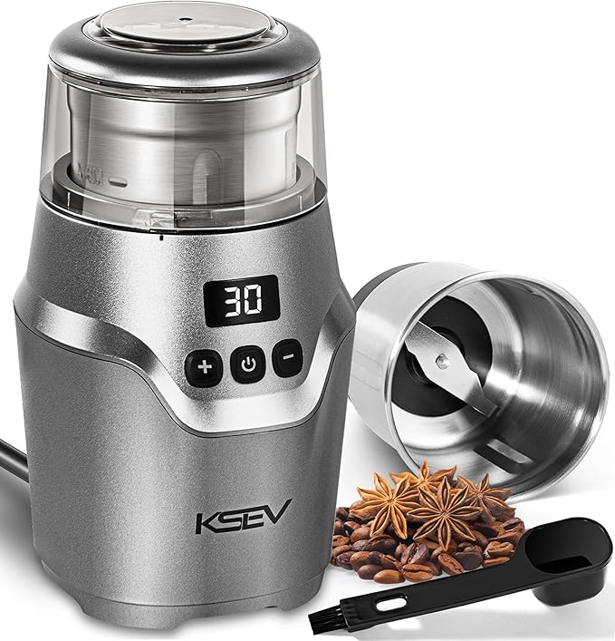 Digital Display Timer Electric Coffee Grinder, 150W Herb Grinder, Large Capacity Up to 12 Cups, Whisper Quiet, Safety Lock Feature, Removable Stainless Steel Cup for Spices, Herbs, Nuts (Silver)