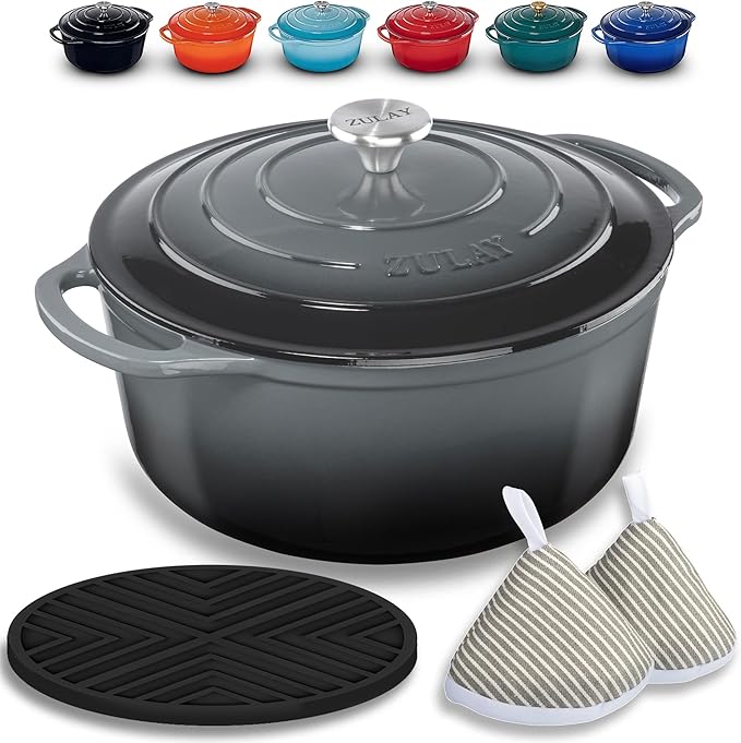 Zulay Kitchen 5 Quart Enameled Cast Iron Dutch Oven with Lid,Silicone Trivet & Heat Pad – Premium Durability & Oven Safe up to 500°F – Heavy Duty Cookware Perfect for Bread Baking, Stews, Braising & Roasting – Gray