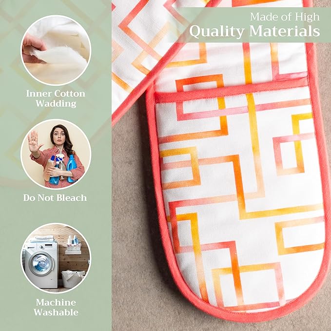 Maison d' Hermine Double Oven Mitts 100% Cotton 7"x35" Double Oven Mitt Heat Resistant BBQ Cooking Gloves with Loop, Baking, Grilling, Home, Kitchen, Handling Hot Pans Spring Summer (Summer Maze)