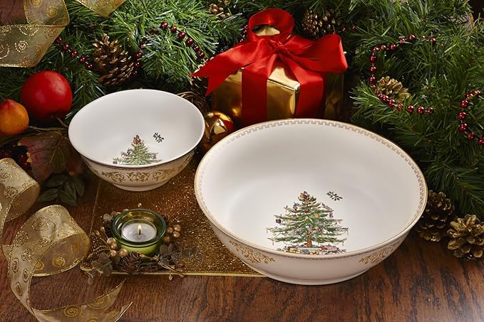 Spode Christmas Tree Gold Collection Rice Bowl, Measured at 6", Use for Soup, Frozen Meals, Stews, and Sticky Rice Dinners, Made of Earthenware, Dishwasher and Microwave Safe