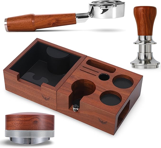 58mm Espresso Kit for Breville Dual Boiler, Oracle, Jet – Rosewood Bottomless Portafilter, Spring-Loaded Tamper, Adjustable Coffee Leveler, Wooden Tamping Station Organizer & Knock Box