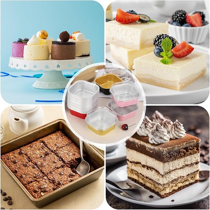 HARFINGTON 40Pack 10oz Disposable Mini Cake Pans with Lids & Spoons Black Gold Aluminum Foil Square Baking Cupcake Dessert Cups Tin for Birthday Party