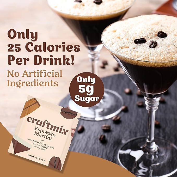 Craftmix Espresso Martini Mix, Makes 12 Drinks, Skinny Cocktail & Mocktail Drink Mixers - Instant Coffee Packets - Real Coffee Martini Mix - Vegan Low-Carb, Low-Sugar, Non-GMO, Dairy Free, Gluten Free