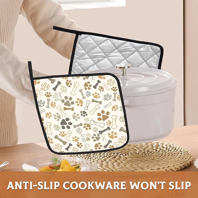 Dog Cat Paw Print Bones Pot Holder Set of 2,Kitchen Heat Resistant Potholder for Women Men BBQ Cooking Baking