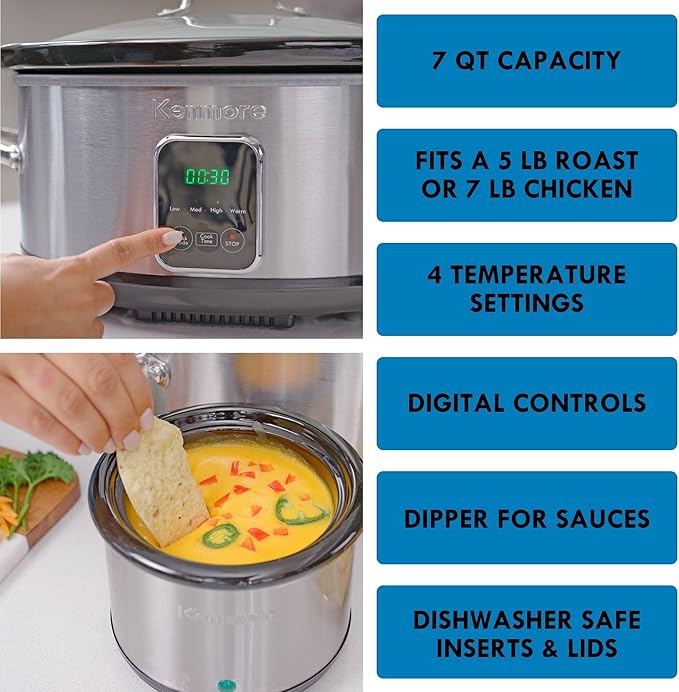 Kenmore 7 Quart Slow Cooker - Programmable crock pot with Dipper, Stainless Steel Electric Cookers, Warm Rice & Sous Vide Stew Soup For Lunch, Dishwaher Safe Non-Stick Ceramic Insert, Digital Control
