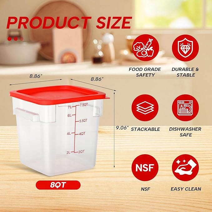 4 Pack 8 Quart Food Storage Containers with Lids, Polycarbonate Square Commercial Food Containers, NSF, Clear, New Version