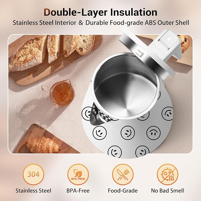 1.2L Double Wall Stainless Steel Interior Water Boiler, Cordless, 1000W Fast Boil with LED Light Coffee Pot & Tea Electric Kettle, Auto Shut-Off and Boil-Dry Protection (Smiley Face)