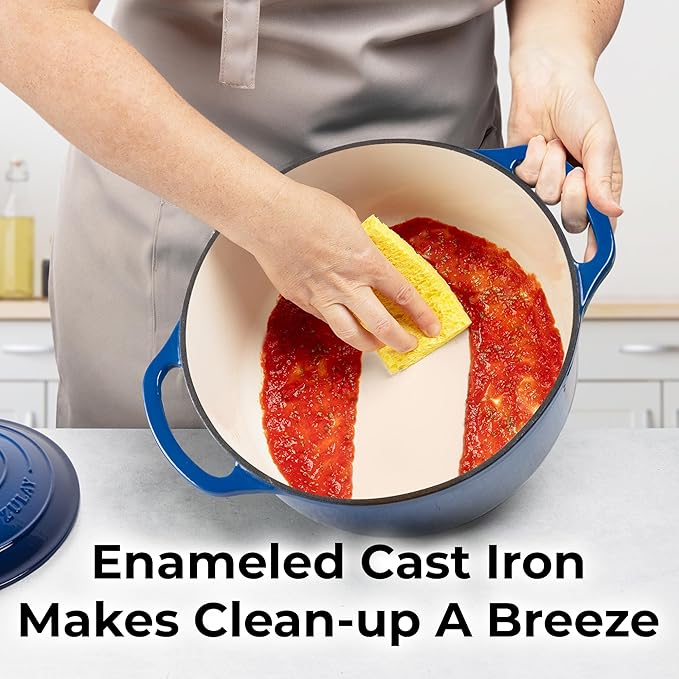 Zulay Kitchen 7.7 Quart Enameled Cast Iron Dutch Oven with Lid, Silicone Trivet & Heat Pad – Premium Durability & Oven Safe up to 500°F – Heavy Duty Cookware Perfect for Bread Baking, Stews, Braising & Roasting – Blue