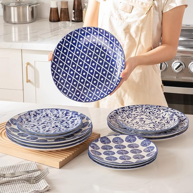 Sweejar 10.5 Inch Ceramic Dinner Plates Set, Large Porcelain Dessert Plates, Microwave & Dishwasher Safe Party Plates for Salad, Pasta, Meat Steak, Set of 6(Vintage Blue)