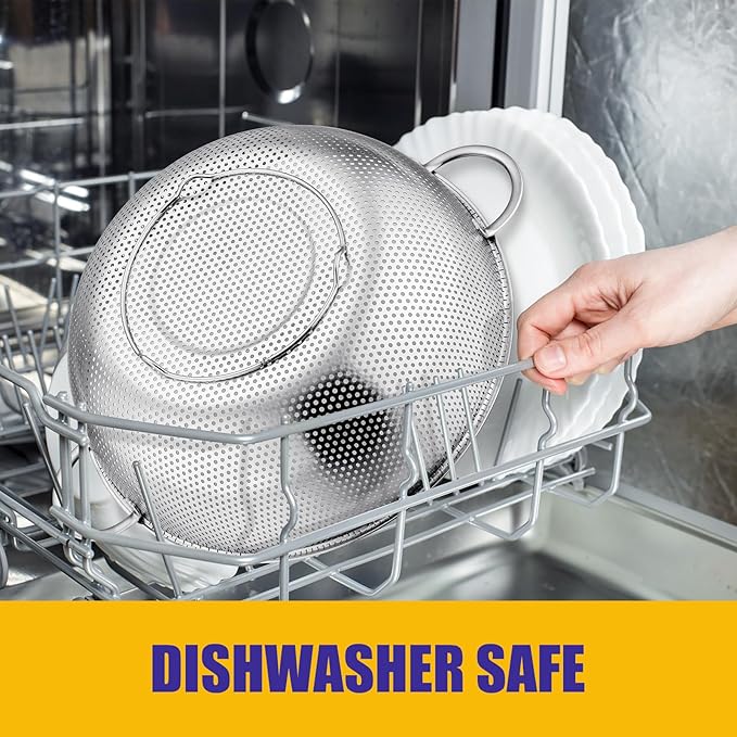 E-far 5-Quart Stainless Steel Colander, Micro-Perforated Metal Colander Strainer with Handle for Kitchen/Draining Pasta/Rinsing Vegetables Fruits, Heavy Duty & Dishwasher Safe - 11 Inches