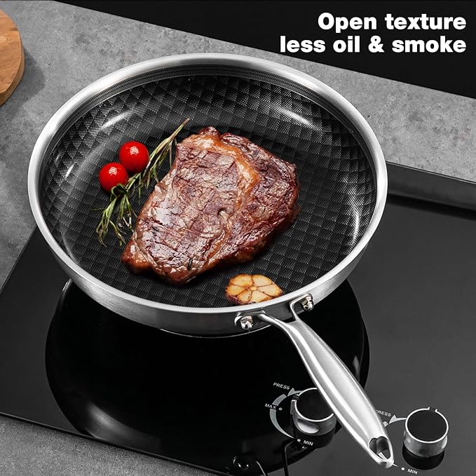 10-Inch Non Stick Frying Pans, NonStick Stainless Steel Pan Set, Tri-Ply Skillets and Pan Set with Lid, Induction Cooker Compatible, Cool-Touch Handle, Dishwasher and Oven Safe