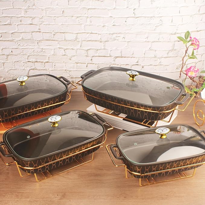 9" x 6" Ceramic Rectangular Casserole Dish with Glass Lid and rack, 30 oz Serving Soup Tureen,Chafing Dish for Buffet, Family Food preserve Tray, Catering for Party Style,Black