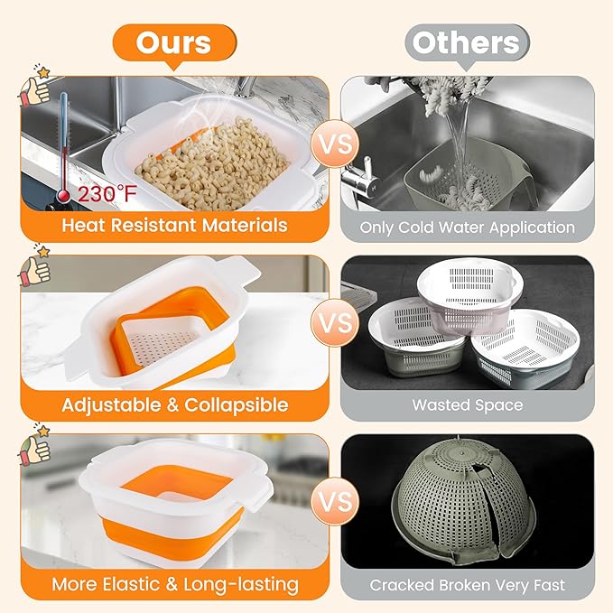 Collapsible Colander Set with Strainer Bowl, 2 in 1 Fruit Washing Basket with Strainer, 5 + 3 QT Plastic Colander for Kitchen, Foldable Double Layered Colanders Bowl for Berry, Vegetable, Orange