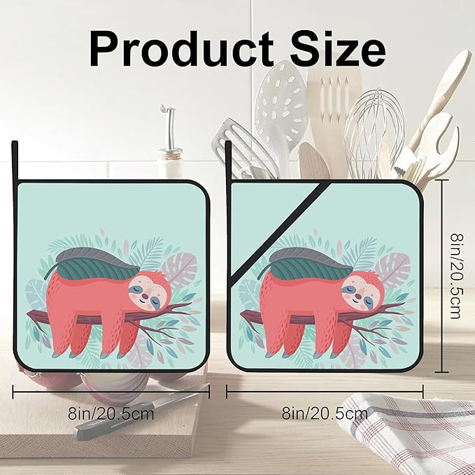 Cute Sloth Sleeping Pot Holders 2 PCS for Kitchen, Heat Resistant Hot Pads for Cooking Grilling Baking BBQ, Pot Holders for Women Cook Essentials Accessories Home Microwave