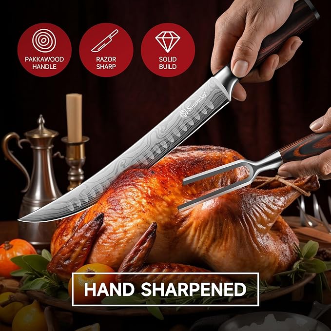 Sunnecko Butcher Knife,Razor Sharp Breaking Knife for Meat Cutting,High Carbon German Steel Carving Knives with Meat Fork