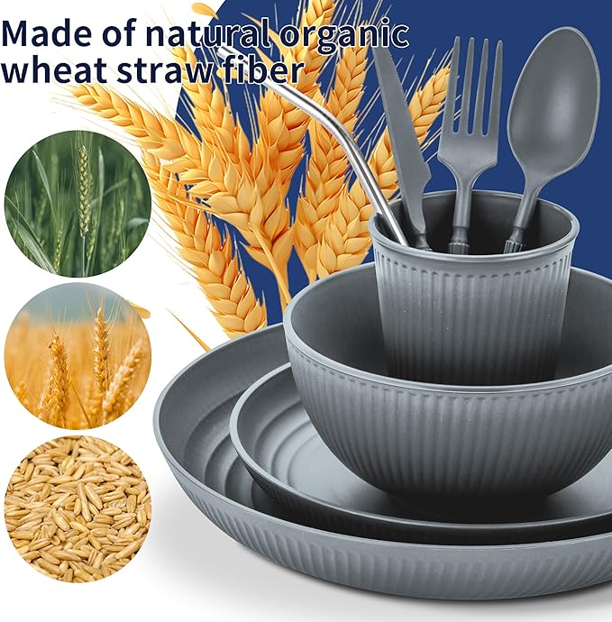 Wheat Straw Dinnerware Sets,42-Piece Plates and Bowls Sets for 6-Unbreakable,Reusable Plastic Dish Set-Dinner Plate/Cereal Bowl/Cup/Utensils-Microwavable Dishwasher Safe 42P-Deep Gray