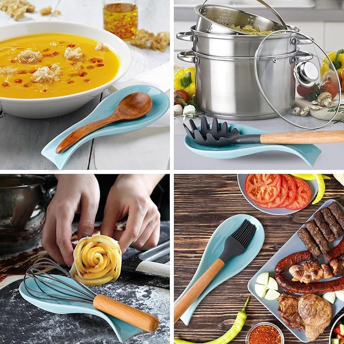 Ceramic Spoon Holder for Stove Top, Large Cooking Spoon Rest for Kitchen Counter, Hasense 8.7 Inch Utensil Rest for Spatula, Ladle and Tong, Microwave Safe, Teal