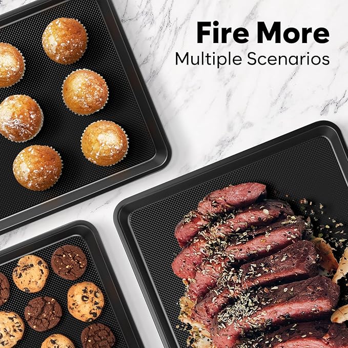 4 Pack Baking Sheet Pan Set Non Stick, Carbon Steel Cookie Sheets for Baking with Wire Rack, Cooling Racks for Cooking and Baking, Thicker Ceramic Half/Quarter/Jelly Roll Baking Trays for Oven