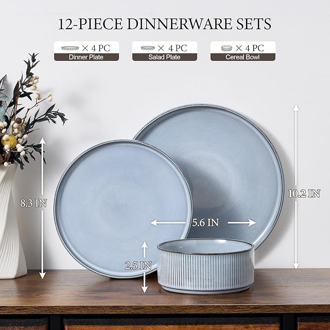 E-far 12-Piece Plates and Bowls Sets, Stoneware Dinnerware Dishes Sets for 4, Kitchen Modern Dining Dishware, Chip & Scratch Resistant, Microwave & Dishwasher Safe, Dusty Blue