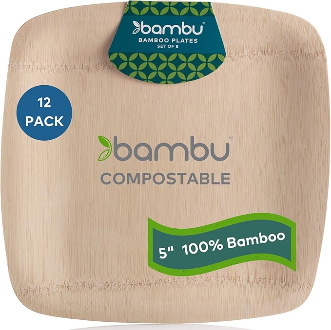 Bambu Pack of 12-5 Inch Disposable Bamboo Plates Square, Biodegradable Eco Friendly Products, Bamboo Disposable Appetizer Plates for Party, Weddings, and Events, Compostable