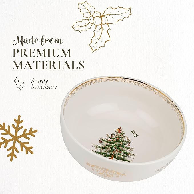 Spode Christmas Tree Gold Large Round Bowl - 10-Inch Stoneware Bowl for Serving Salad, Pasta, and Side Dishes - Elegant Holiday Serving Dish with 22K Gold Accents, Dishwasher Safe