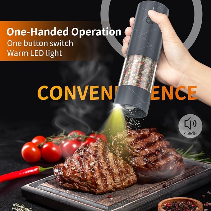 2Pack Electric Salt and Pepper Grinder Set USB Rechargeable with Warm LED Light, Adjustable Coarseness Lidaop Large Capacity Automatic Salt Pepper Mill Grinder for Kitchen, Restaurant, Outdoor (Grey)