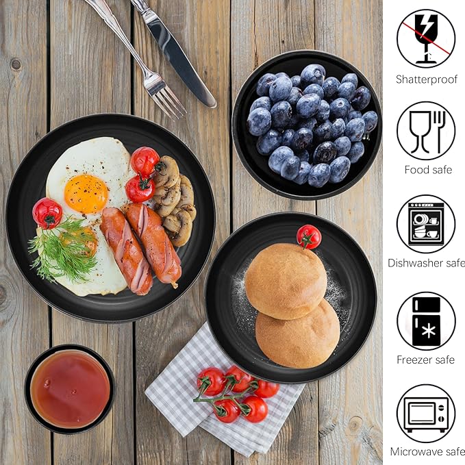32Pcs Black Plates and Bowls Sets,Lightweight Plastic Dishes Set for 8,Unbreakable Dinnerware Sets,Reusable Plates Set,Dishwasher and Microwave Safe, Dish Sets for Outdoor Camping,RV