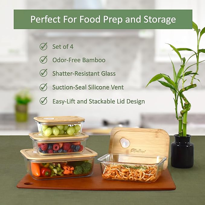 Glass Food Storage Containers with Bamboo Lids (4 Pack) - 100% Plastic Free, Eco-Friendly, Oven, Microwave Safe Meal Prep Container Set - Bamboo Lid Storage Container, Glass Lunch Containers