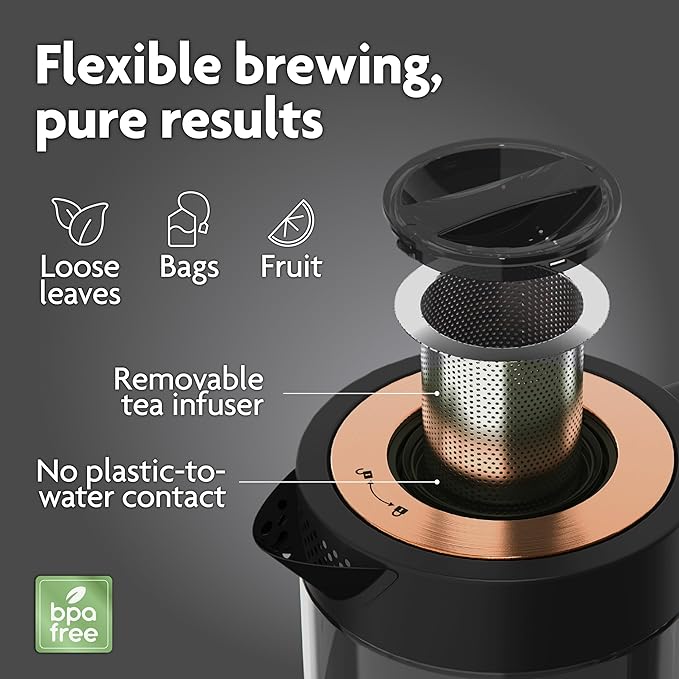 Vianté Electric Kettle With Infuser For Loose Leaf. Hot Tea Maker With Temperature Control And Automatic Shut Off. Tea Kettle With Brewing Programs. 1.5 Liters Capacity | Black Color