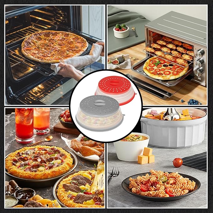 2 Pack Collapsible Microwave Splatter Cover, Vented Microwave Lid with Hook Hole, Splatter Guard for Plate Dish Bowl, Vegetable Fruit Colander Multi-function Kitchen Gadget(Grey & Red)