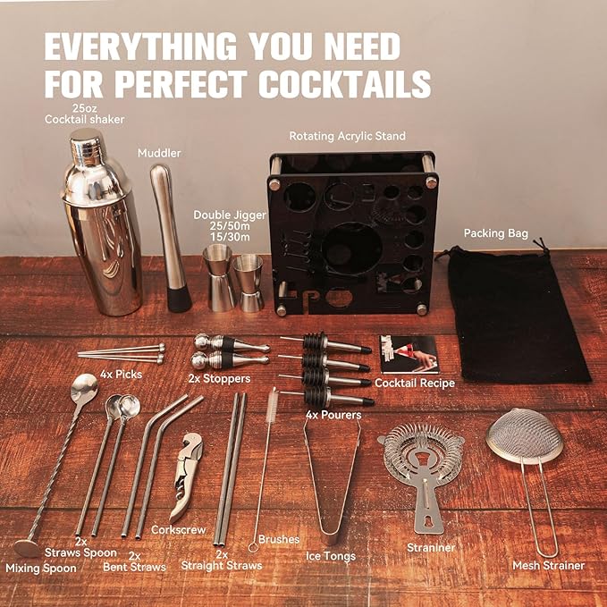 KINGROW Cocktail Shaker Set 29-Piece Bartender Kit with Rotating Stand | Bar Set Drink Mixer Set with All Essential Accessory Tools for Drink Mixing, Home, Bar, Party |Sliver