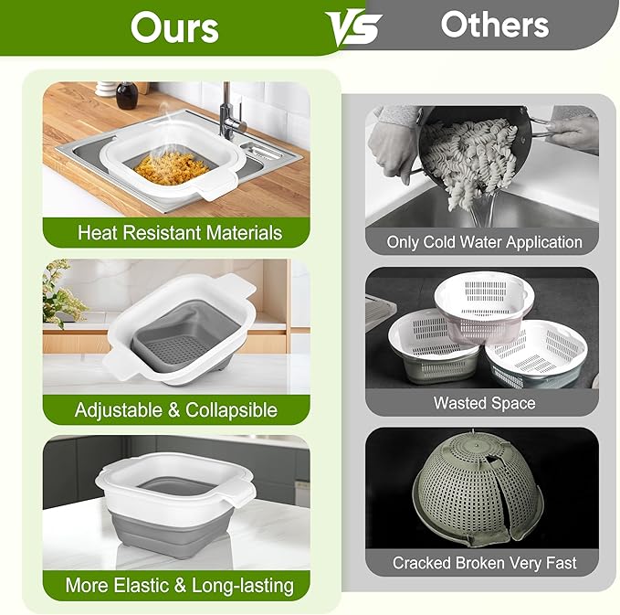 ROTTOGOON Collapsible Colander Set with Strainer Bowl, 2 in 1 Fruit Washing Basket with Strainer, 5 + 3 QT Plastic Colanders for Kitchen, Foldable Double Layered Colanders Bowl for Vegetable, Grey