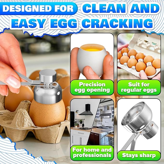 Egg Cracker Tool for Raw Eggs - Egg Shell Opener for Hard Boiled Eggs with Durable Stainless Steel Construction, Ergonomic & Adjustable Design - Easy-to-Use Shell Cracker Tool for Easy-Boiled Eggs