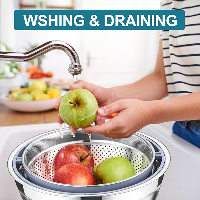 E-far Colander with Mixing Bowl Set, 4-1 Stainless Steel Colander Strainers Bowl with Graters for Kitchen, Rotatable Food Strainer Bowl for Rinsing Fruits Vegetables/Draining Pasta - Blue