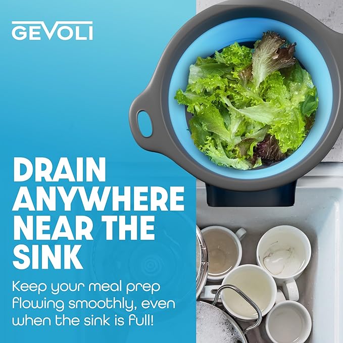 Strainer with Self-Draining Base (5QT) Over-Sink Collapsible Kitchen Colander Set with Side-drain Base for Pasta Vegetables and Fruit, XL Large Capacity, Dishwasher Safe (5-Quart) Blue/Gray