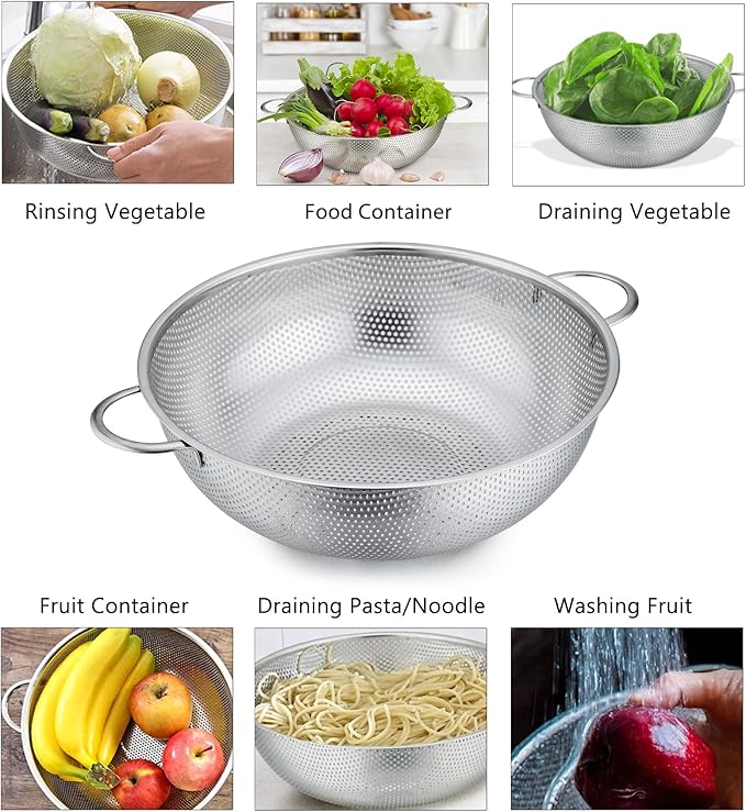 P&P CHEF Colander Set of 3, Stainless Steel Micro-Perforated Colanders Strainers for Draining Rinsing Washing, Ideal for Pasta Vegetables Fruits, Heavy Duty & Dishwasher Safe - 1/3/5 Quart