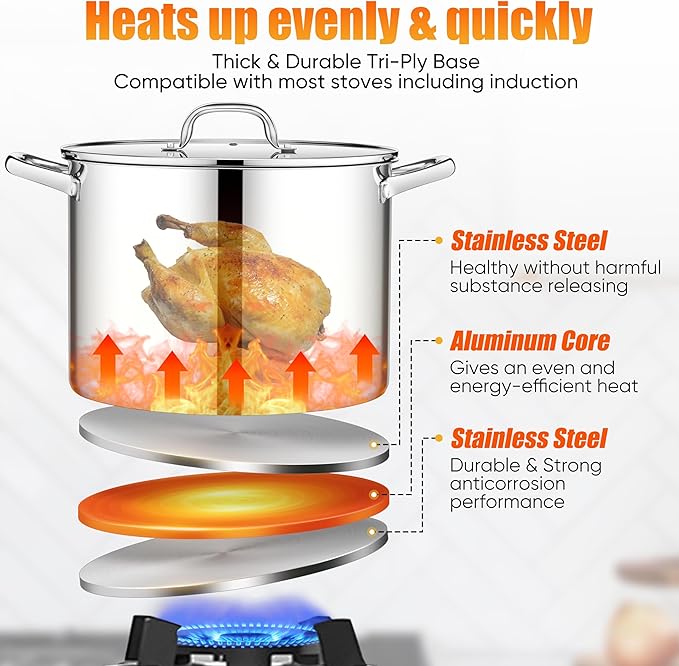 E-far 16 Quart Stainless Steel Stock Pot, Large Heavy Duty Induction Stockpot with Glass Lid for Cooking Soup Canning, Thick Tri-Ply Bottom & Riveted Handle, Compatible with All Stove, Dishwasher Safe