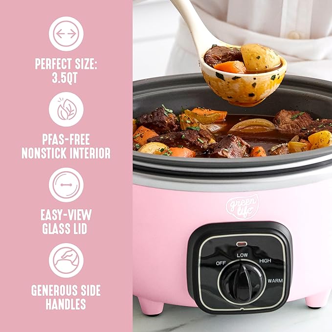 GreenLife 3.5QT Slow Cooker, Non-Toxic PFAS-Free Ceramic Nonstick Removable Interior Bowl, Programmable, Keep Warm, Stovetop & Oven Safe, Dishwasher Safe Parts, Glass Lid, Pink