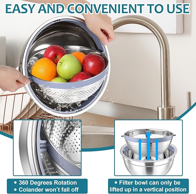 E-far Colander with Mixing Bowl Set, 4-1 Stainless Steel Colander Strainers Bowl with Graters for Kitchen, Rotatable Food Strainer Bowl for Rinsing Fruits Vegetables/Draining Pasta - Blue