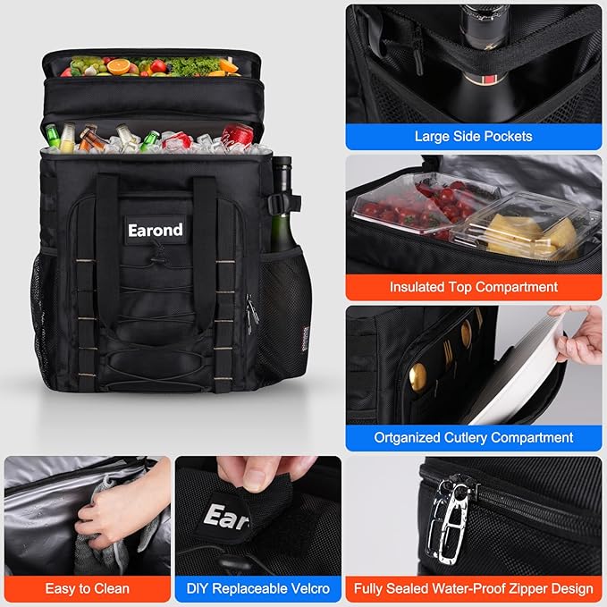 25L Insulated Cooler Backpack with Waterproof Zipper & Multi-Compartment Design Leakproof Lunch Bag for Beach, Camping, Office - Spacious Thermal Light-Weight Backpack for Men and Women-Black