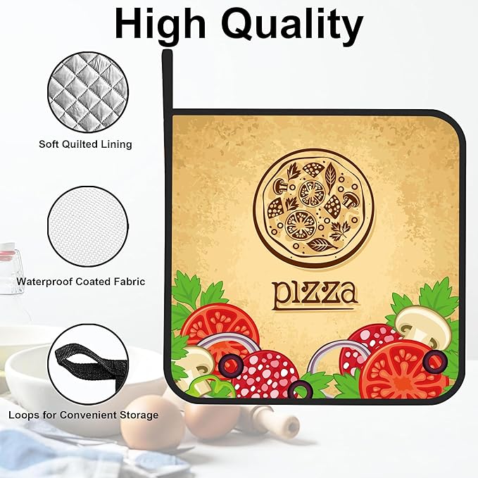 Vintage Pizza Pot Holders Set of 2 Kitchen Heat Resistant Potholders for Microwave Cooking Baking Oven End Dishes and BBQ Gifts for Women